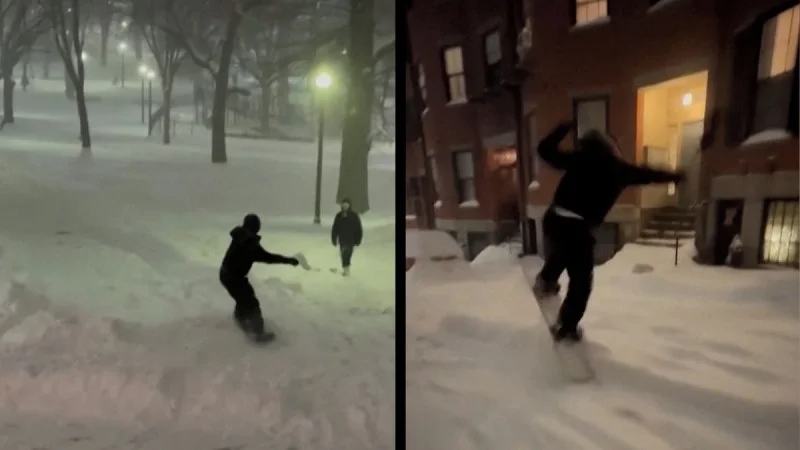 Zpráva: Sněhová bouře v Bostonu přilákala lyžaře a snowboardisty do ulic